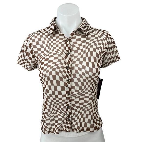 No Boundaries Tops - NEW No Boundaries Brown White Gingham Check Illusion Button Down Shirt Top S